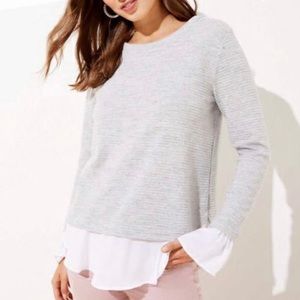 LOFT Ribbed Grey and White Ruffle Hem